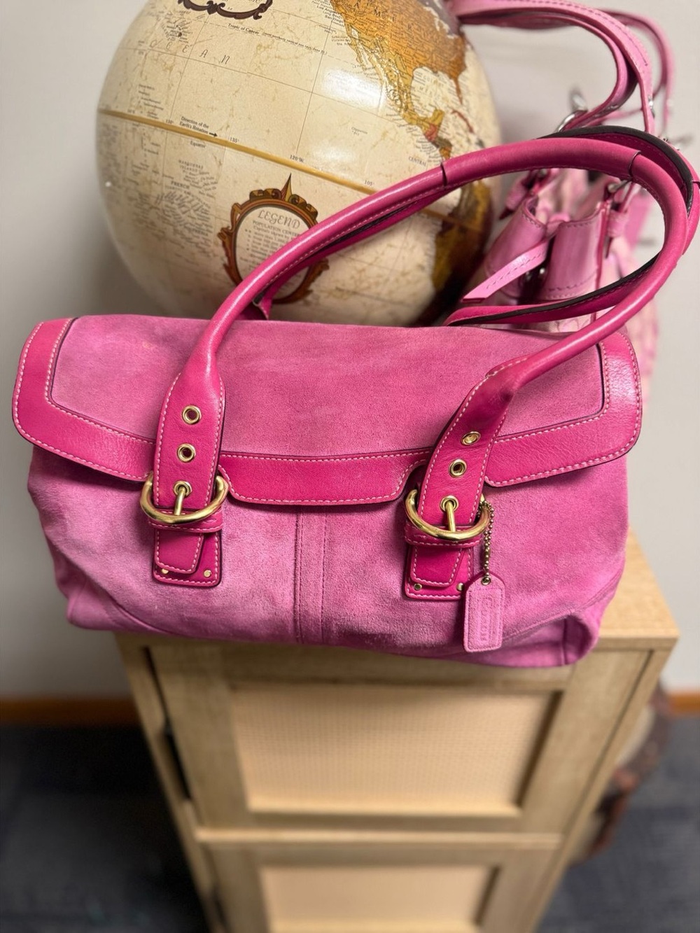2004 Y2K Coach Pink Suede Hampton Satchel Shoulder Bag with Gold Hardware